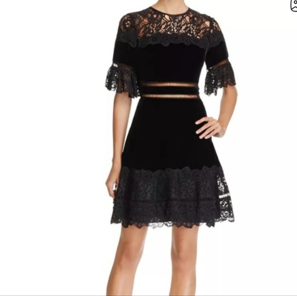 Rebecca Taylor Black Velvet and Lace Fit-and-Flare Mini Dress